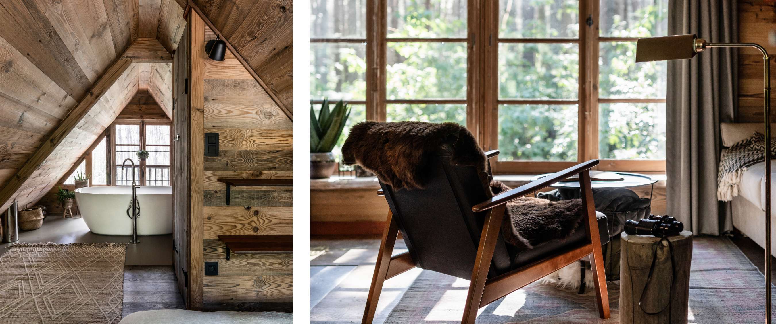 Deux images : salle de bain avec murs en bois et baignoire ; intérieur avec fauteuil et vue sur la forêt