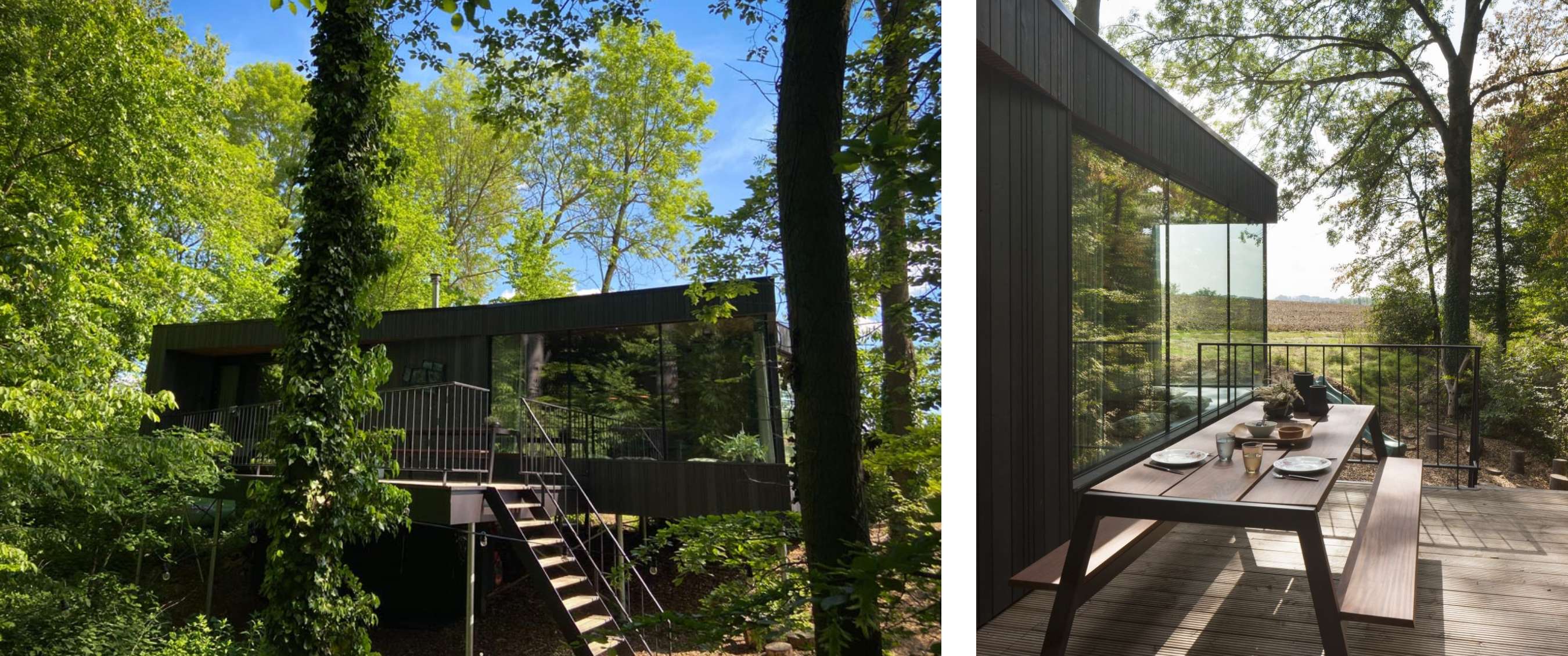 Deux images : habitation au design épuré dans un environnement boisé avec escalier et balcon ; terrasse extérieure avec table dressée près d’une façade vitrée.