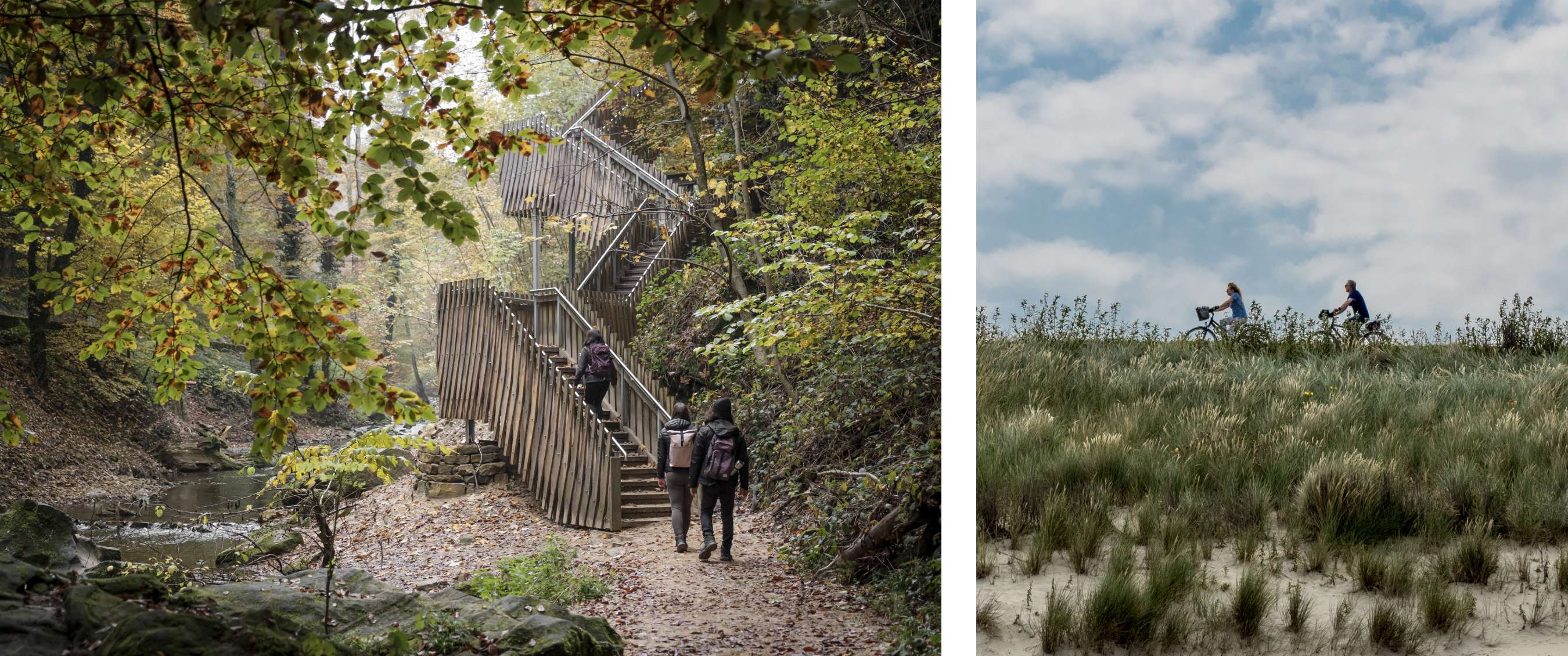 Deux images : Deux randonneurs avec sacs à dos marchent sur un sentier près d’un escalier en bois dans une vallée boisée ; deux personnes font du vélo sur une dune herbeuse sous un ciel nuageux.