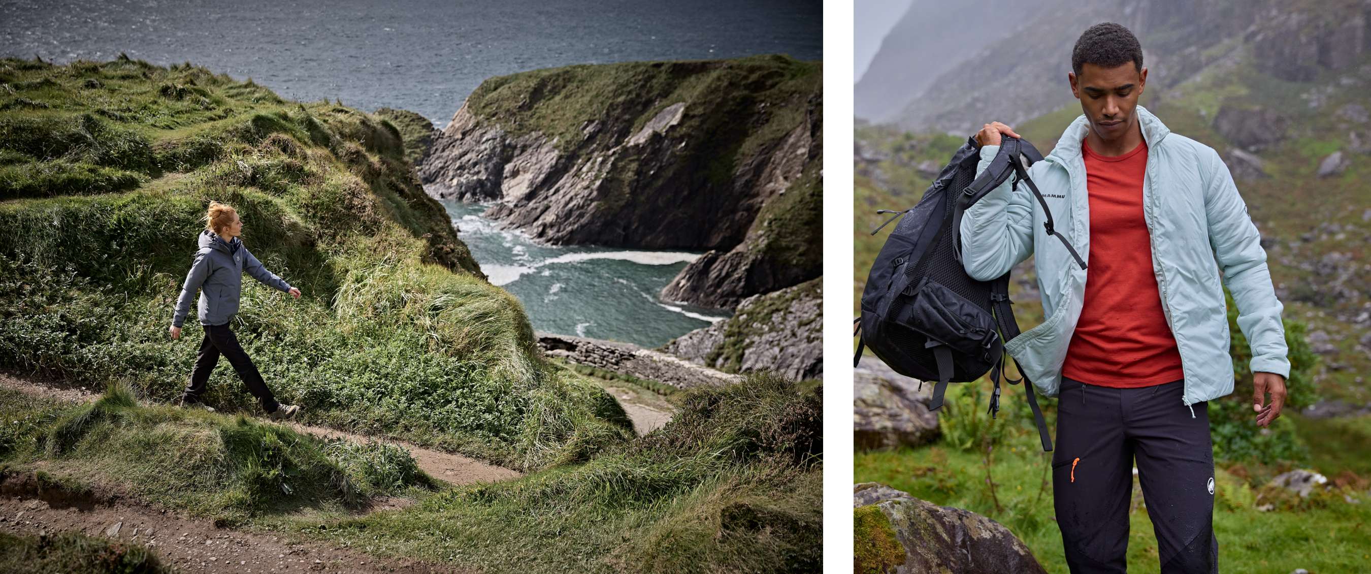 Deux images : Femme marchant sur un sentier étroit le long d’une falaise. Homme avec sac à dos et veste bleu clair sur terrain rocheux.