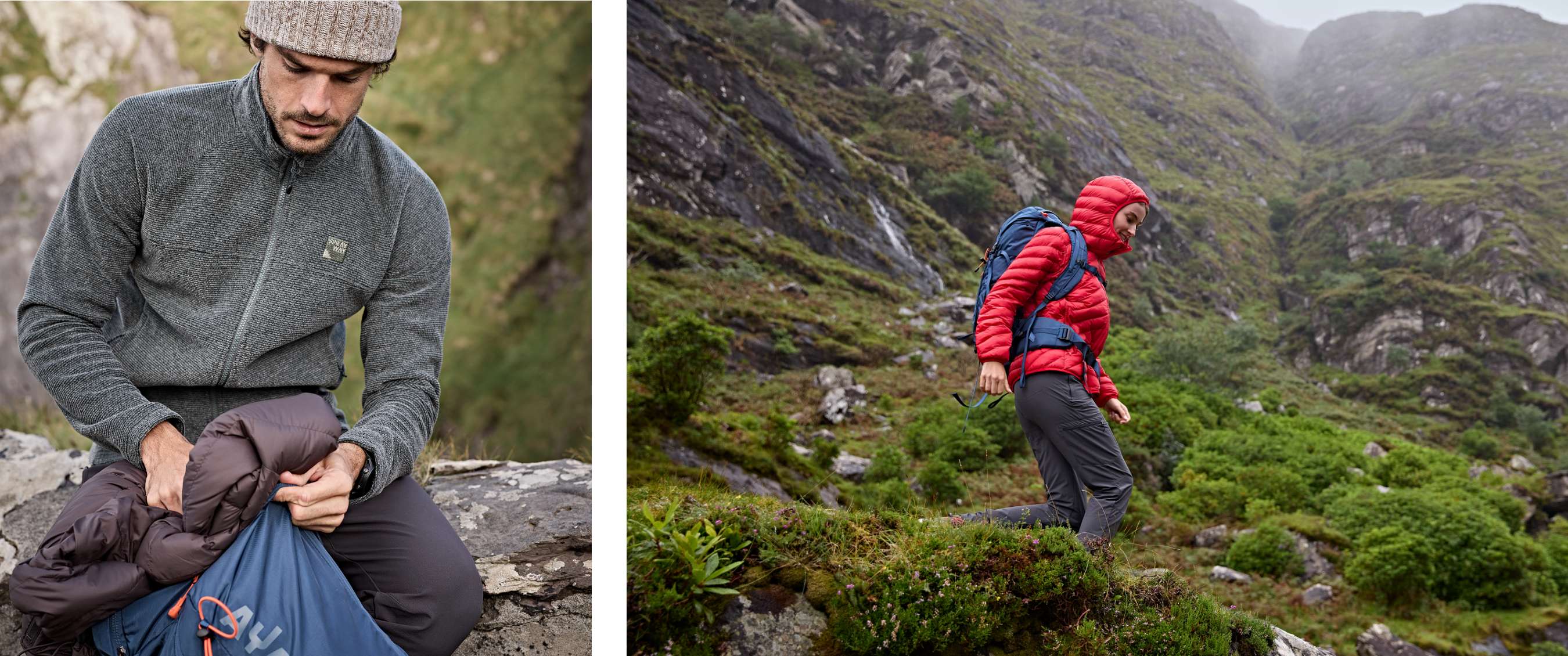 Deux images : homme range une veste dans un sac à dos ; femme marche avec sac à dos en paysage montagneux vert.