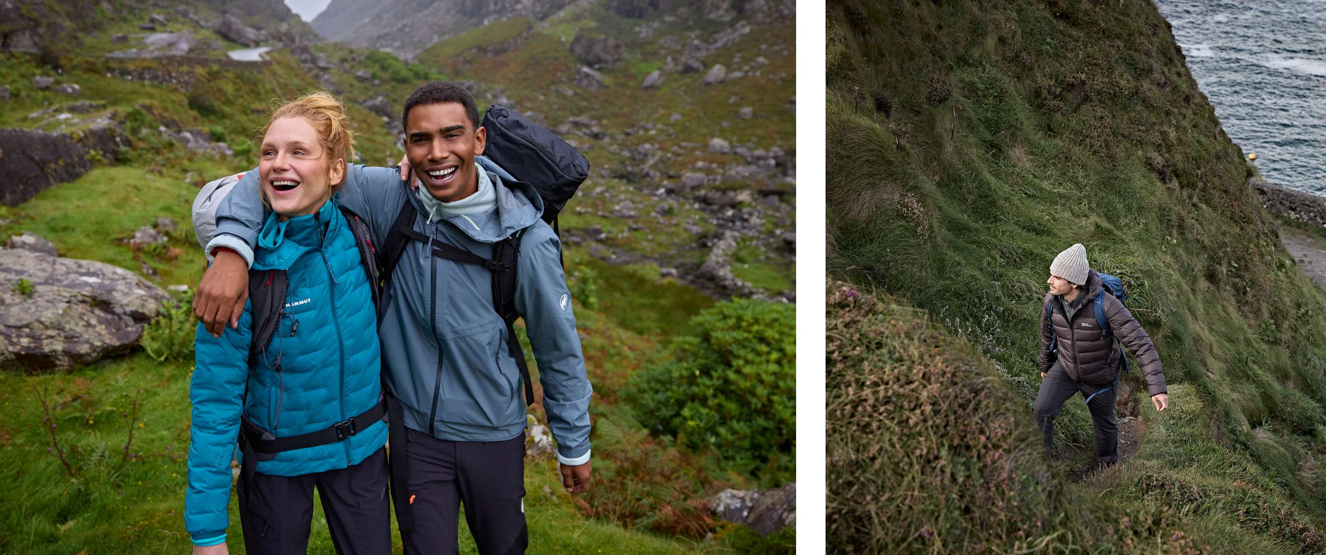 Deux images : Deux randonneurs avec sacs à dos dans vallée verdoyante. Homme en doudoune monte le long d’une pente côtière escarpée.