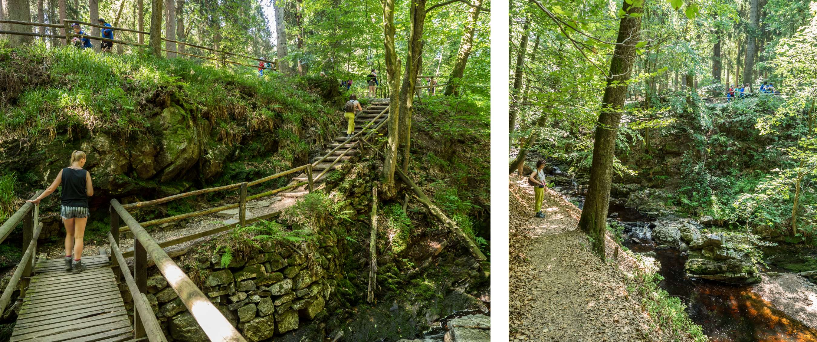 Twee beelden: wandelaar steekt een brug over in een groen ravijn; bosbeek met rotsige oevers en wandelaars.