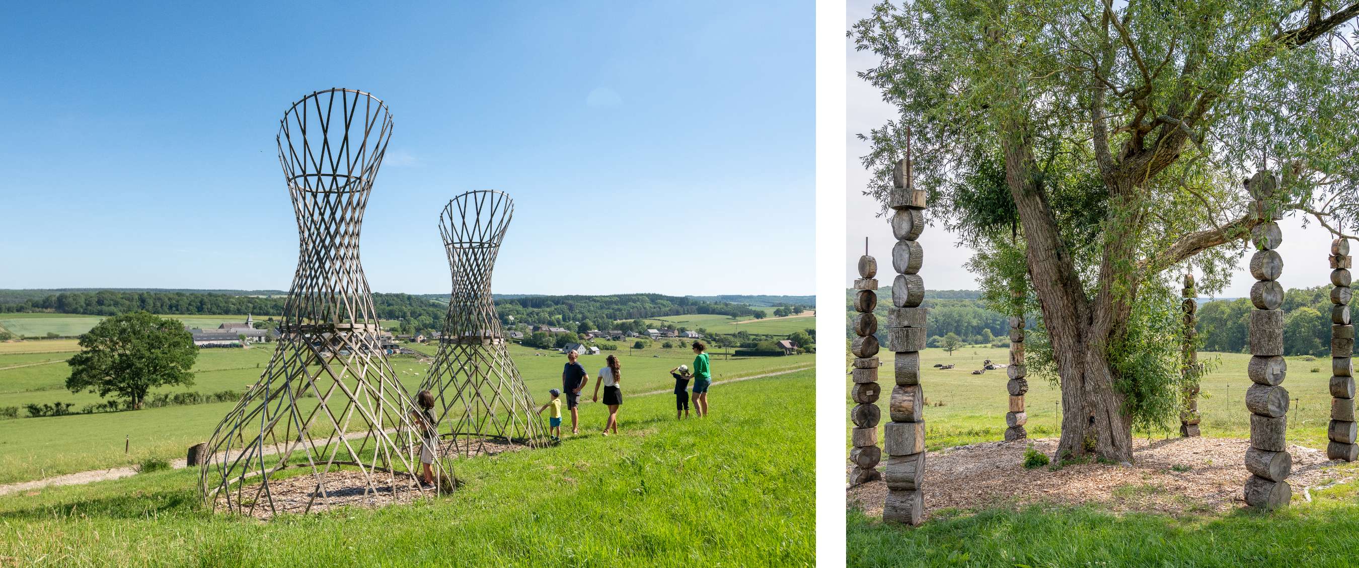 Twee beelden: grote gevlochten installaties in een weiland; oude boom omringd door rechtopstaande houten objecten.