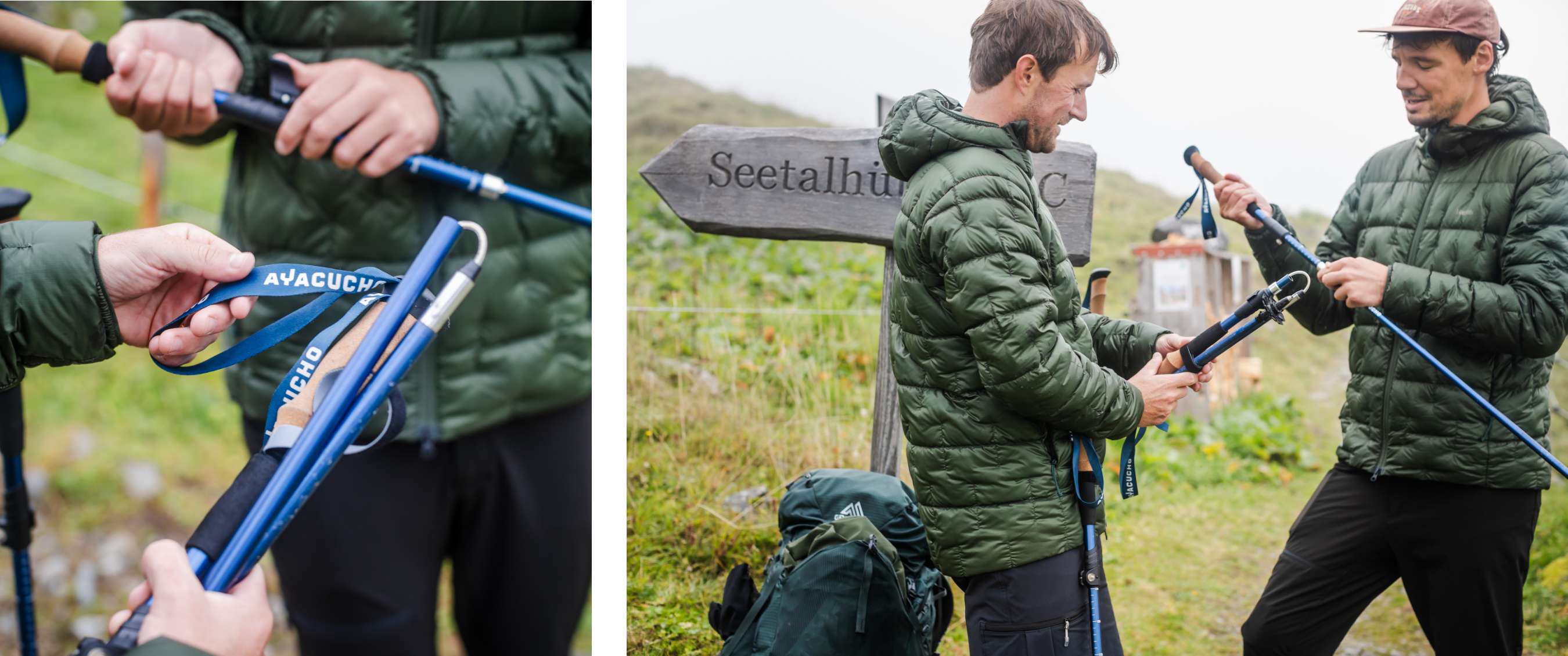 Twee beelden: Close-up van handen die blauwe trekkingstokken vasthouden met zichtbaar Ayacucho-logo, rechts twee wandelaars die trekkingstokken instellen bij een houten wegwijzer.