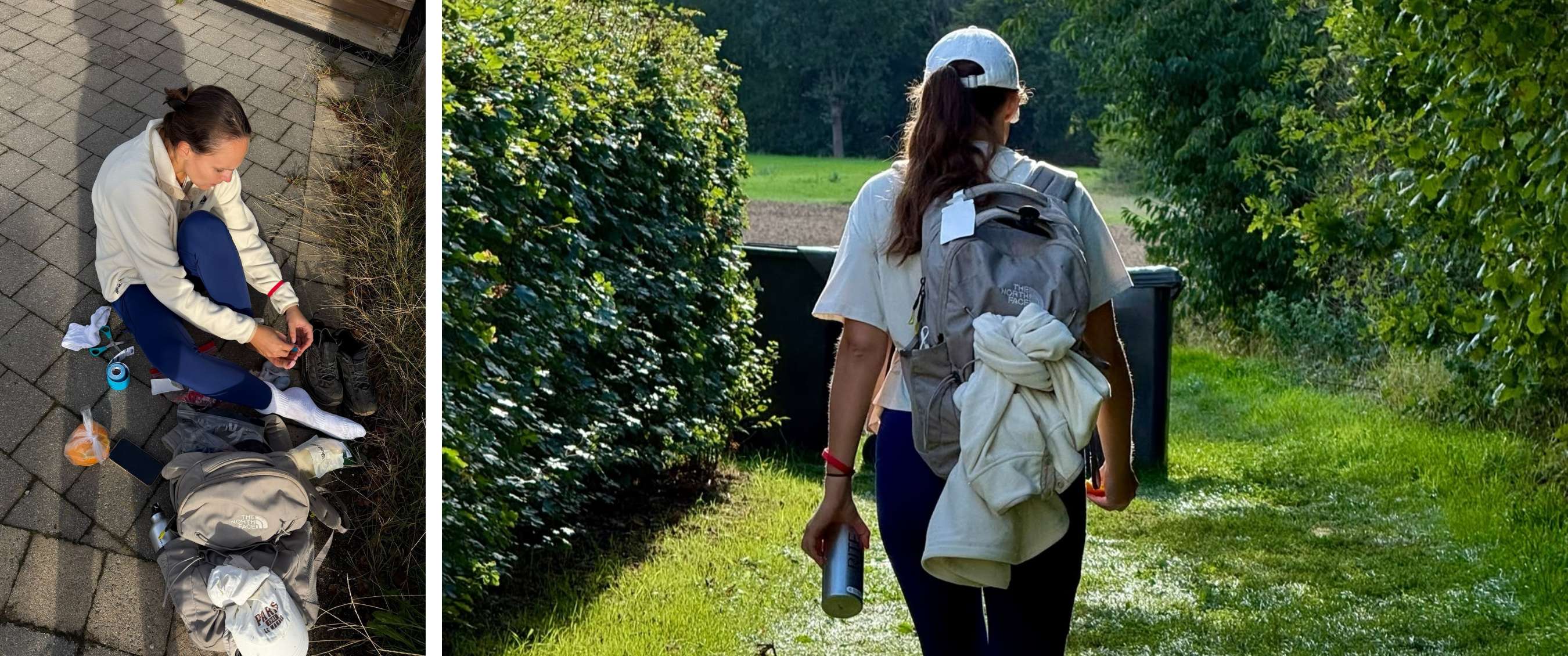Randonneur avec sac à dos et gourde marchant dans un paysage verdoyant.