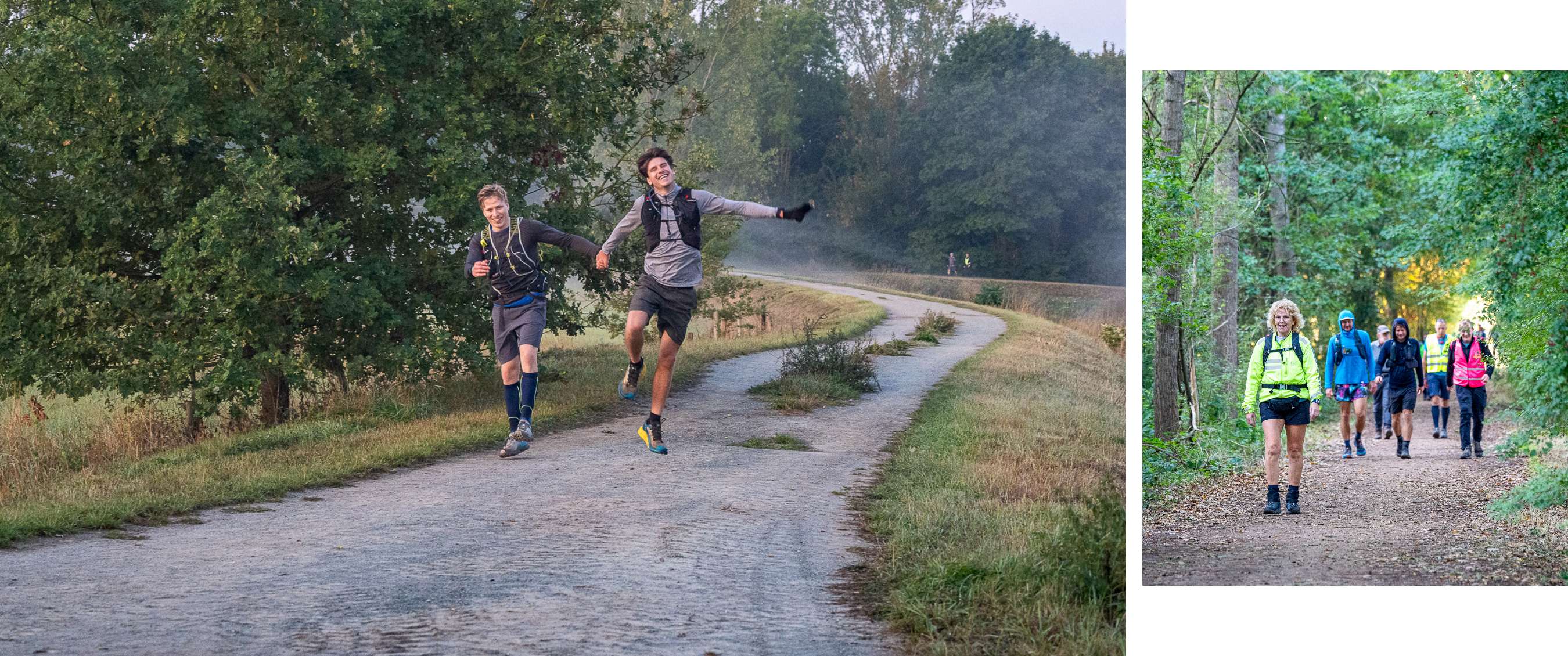 Deux personnes en tenue de sport courent ensemble sur une route sinueuse dans la verdure.