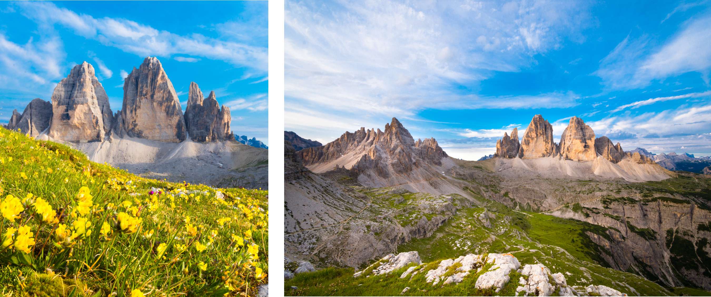 Deux images : fleurs jaunes devant les Tre Cime ; panorama de montagne avec les Tre Cime sous un ciel bleu