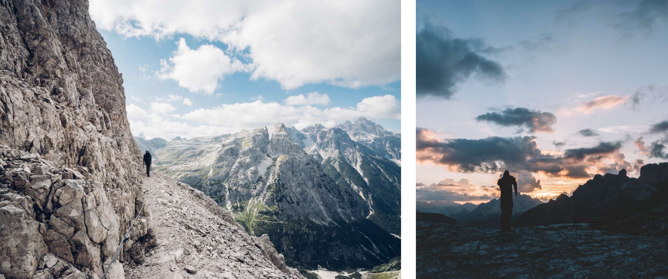 Deux images : personne marchant sur un chemin rocheux avec vue sur les montagnes ; silhouette sombre sous le ciel du matin