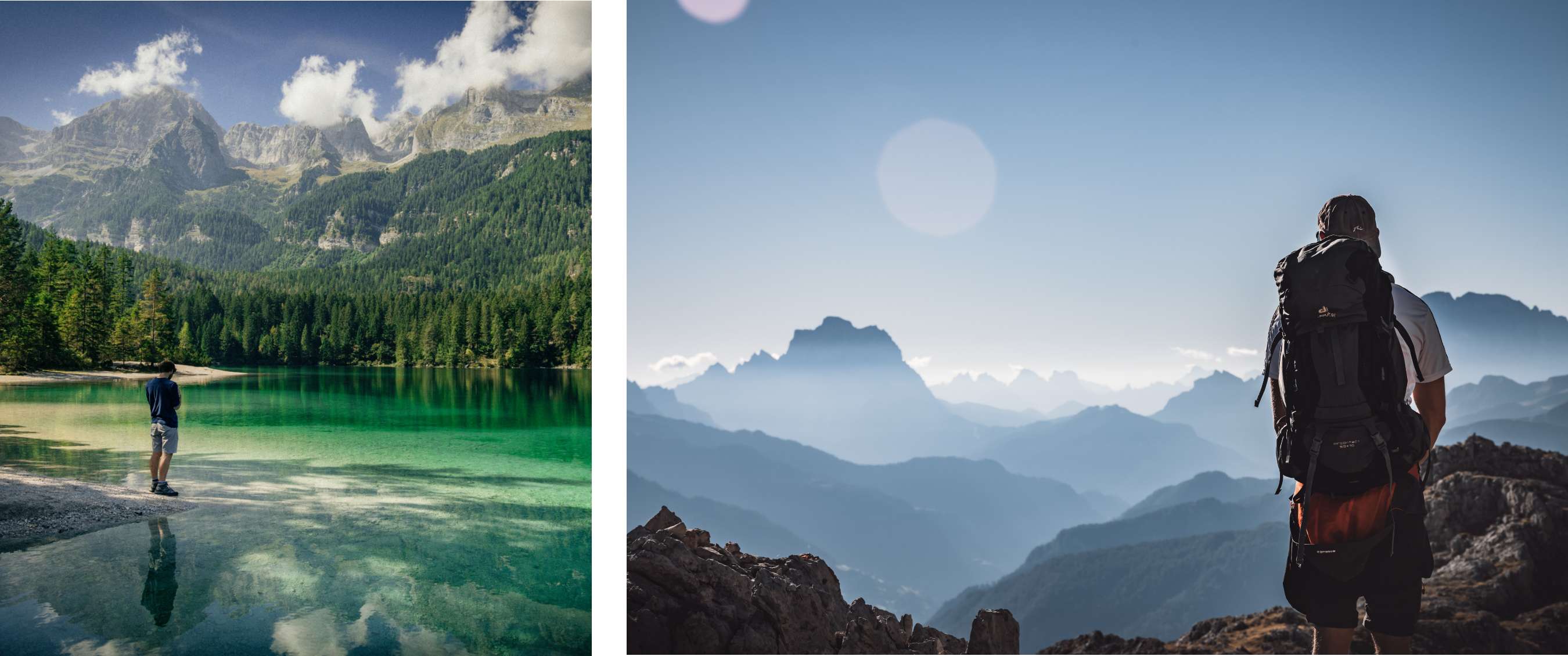 Deux images : personne au bord d’un lac de montagne vert ; randonneur avec sac regardant des couches de montagnes