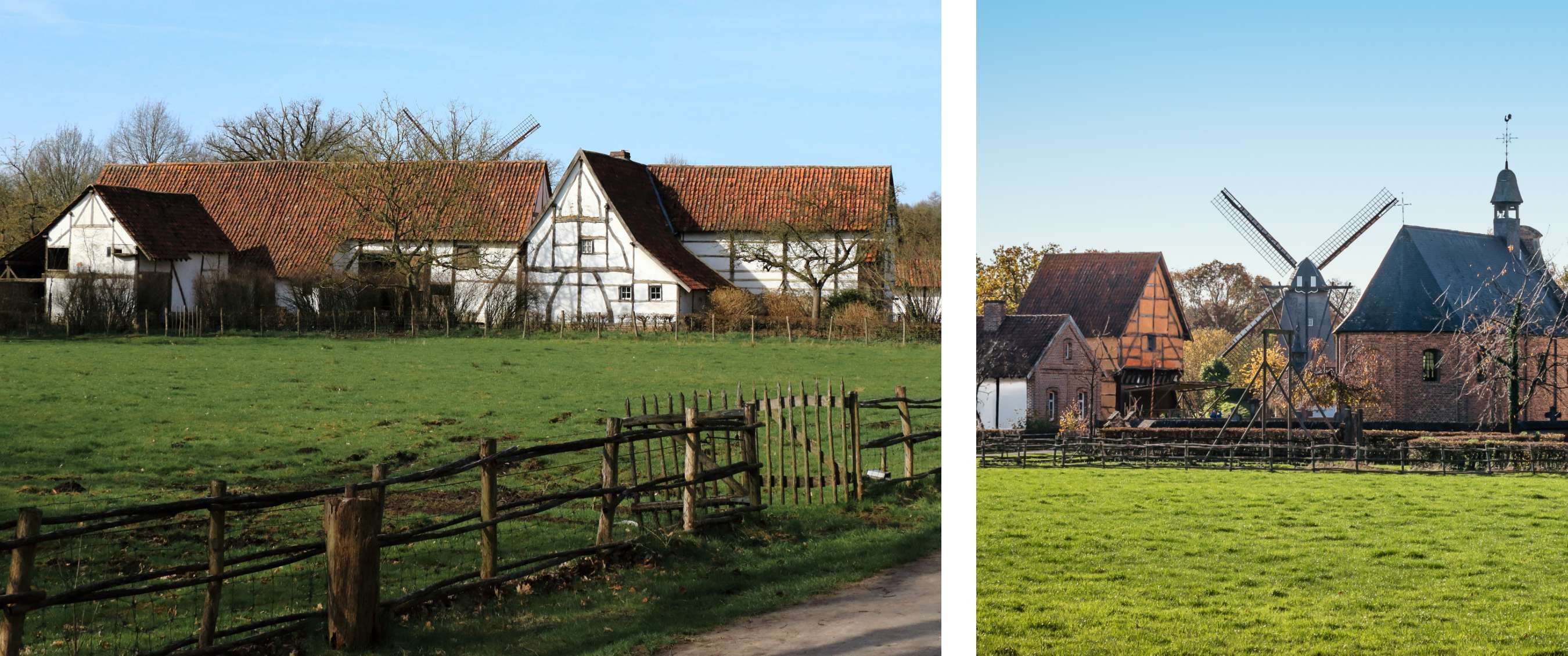 Twee beelden: boerderij met vakwerkgevel achter een houten hek; molen en gebouwen aan een groen veld