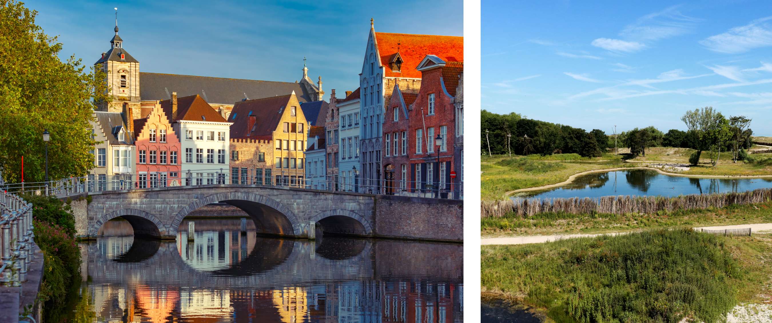 Twee beelden: brug en gevelhuizen langs het water in Brugge; vijver in een groen landschap