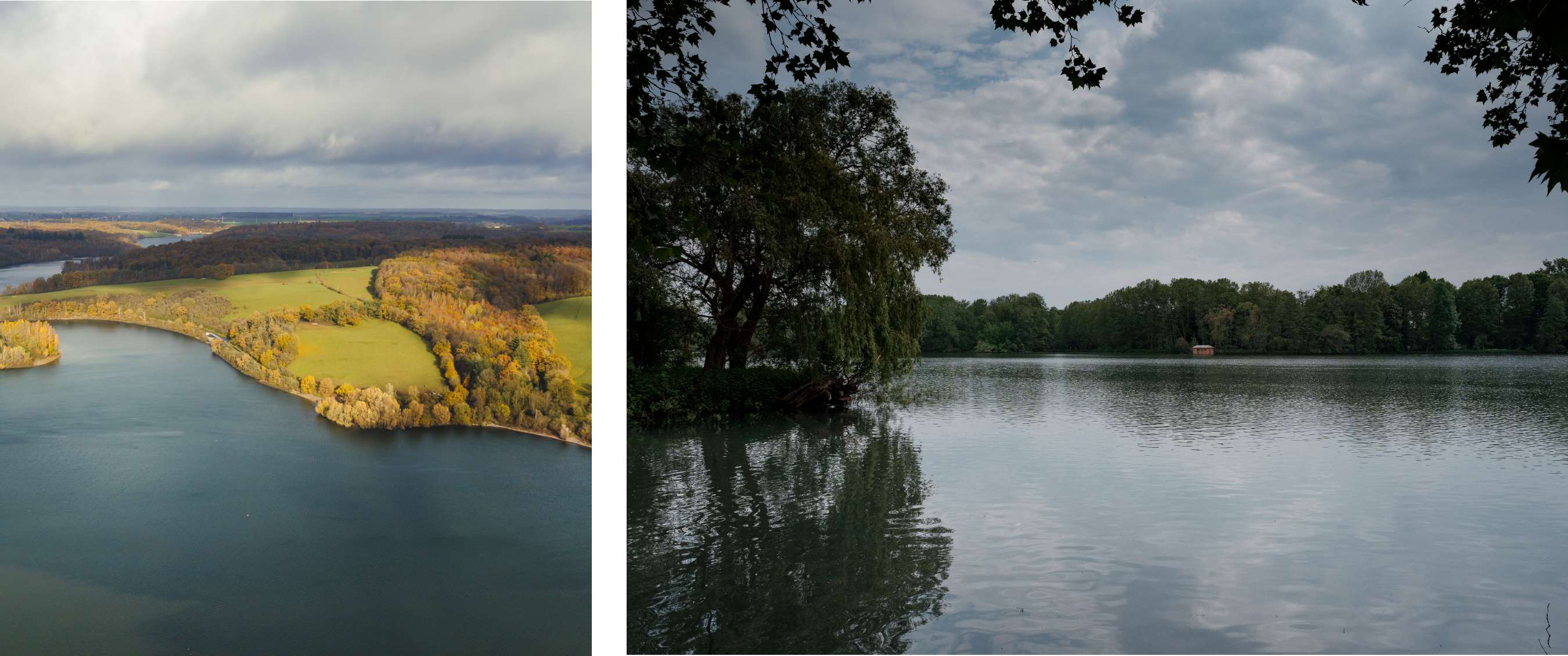 Twee beelden: luchtfoto van meer met oevers en velden; rustig meer met bomen langs de waterkant