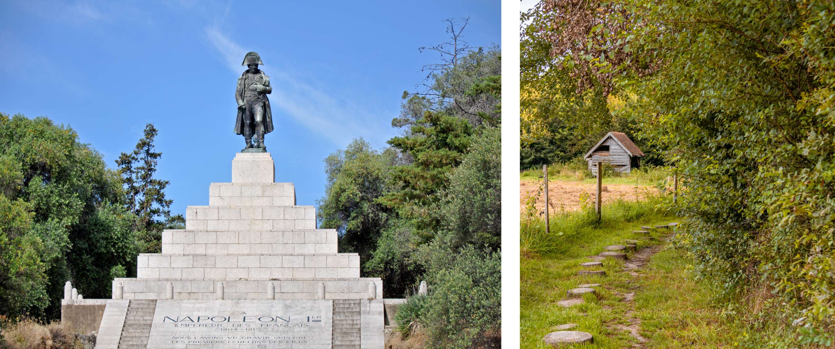 Twee beelden: monument van Napoleon I tussen bomen; graspad met stapstenen naar een klein huisje