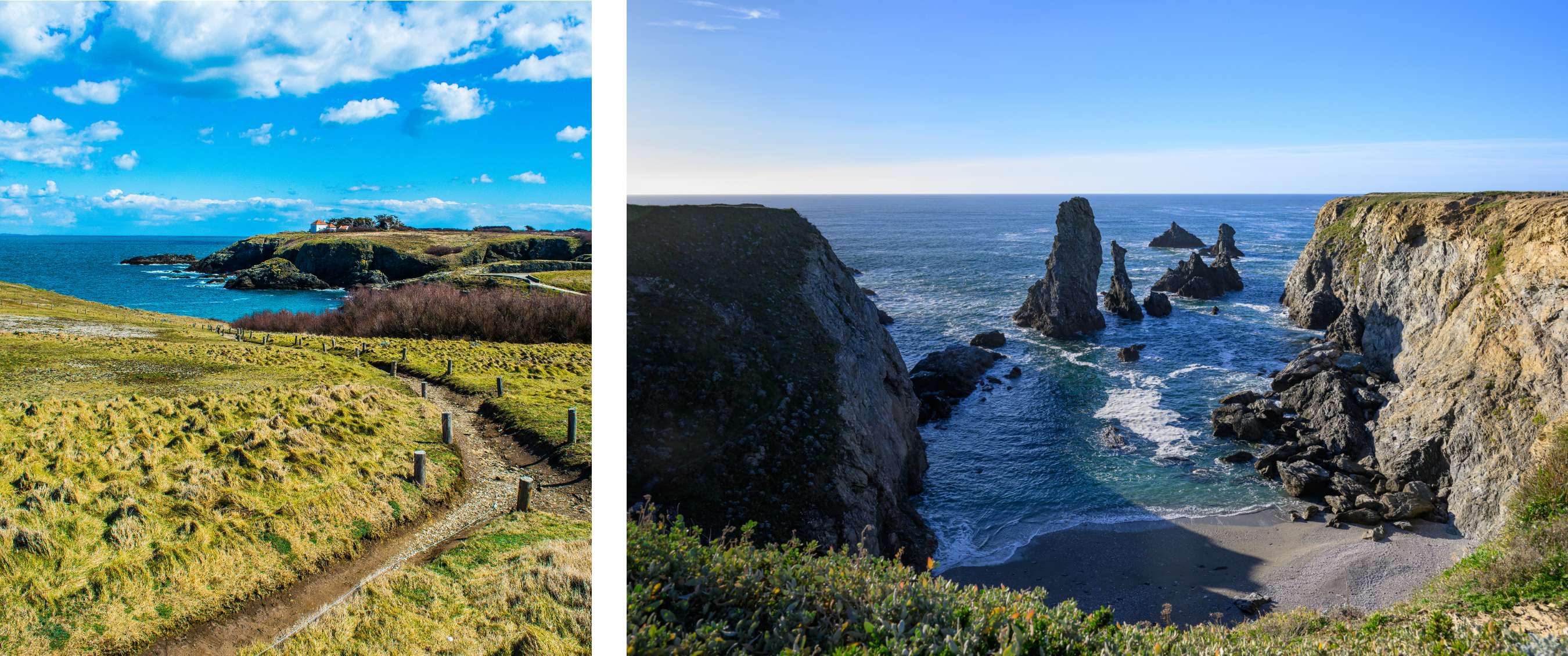Deux images : sentier côtier à travers des prairies avec vue sur la mer ; falaises rocheuses et crique avec vagues