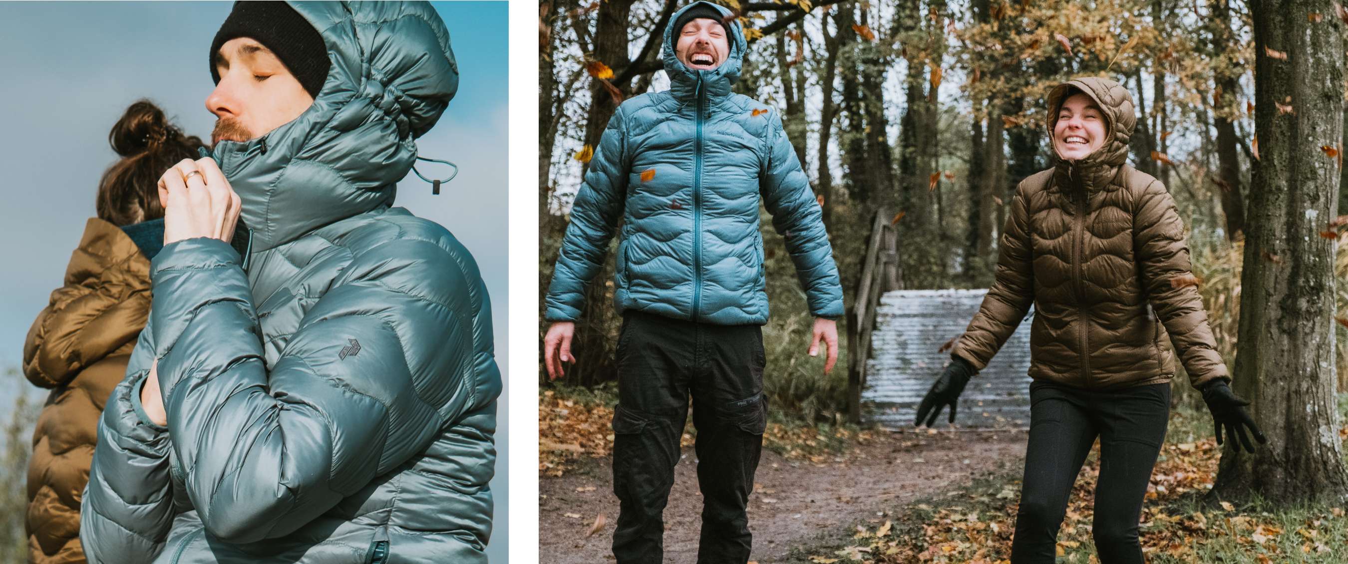 Twee beelden: close-up van blauwe donsjas met capuchon; twee personen in donsjas op bospad met herfstbladeren