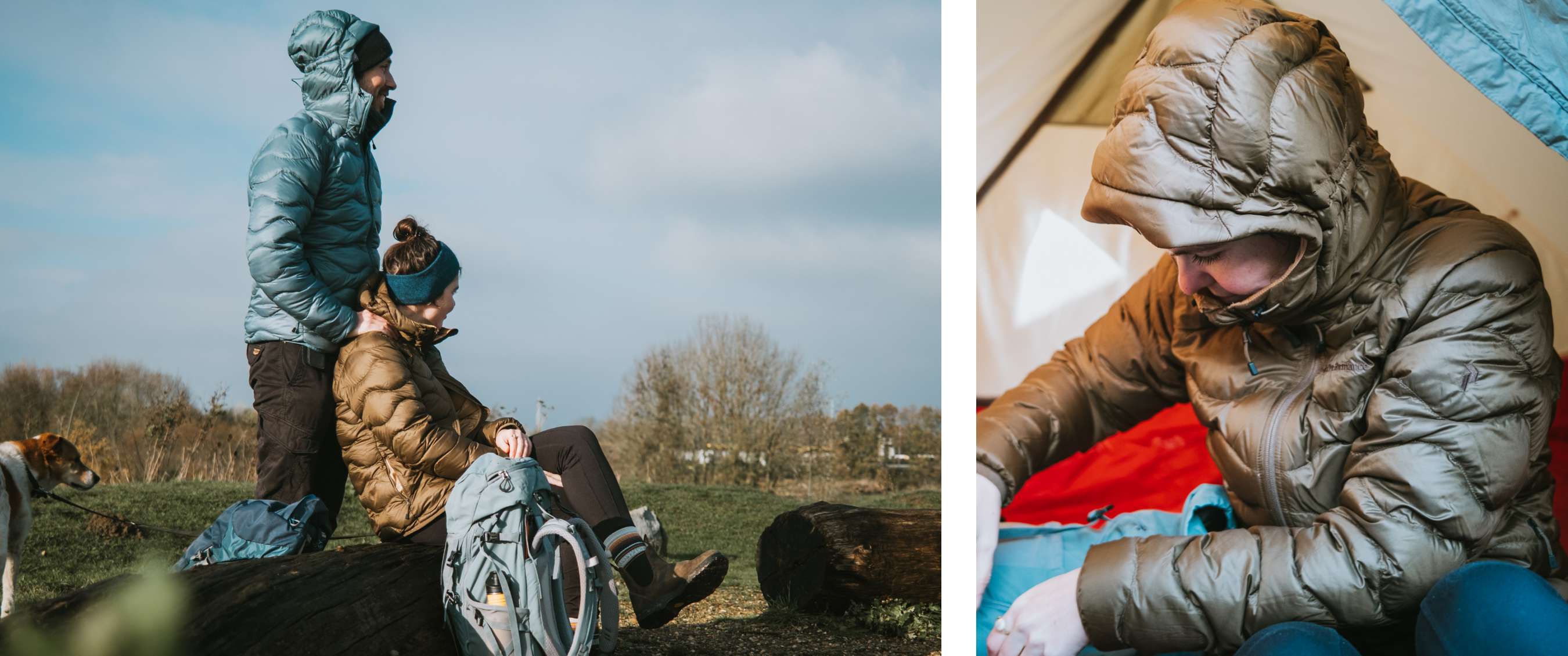 Twee beelden: personen in donsjas bij buitenactiviteit op grasveld; detail van persoon in donsjas zittend in tent