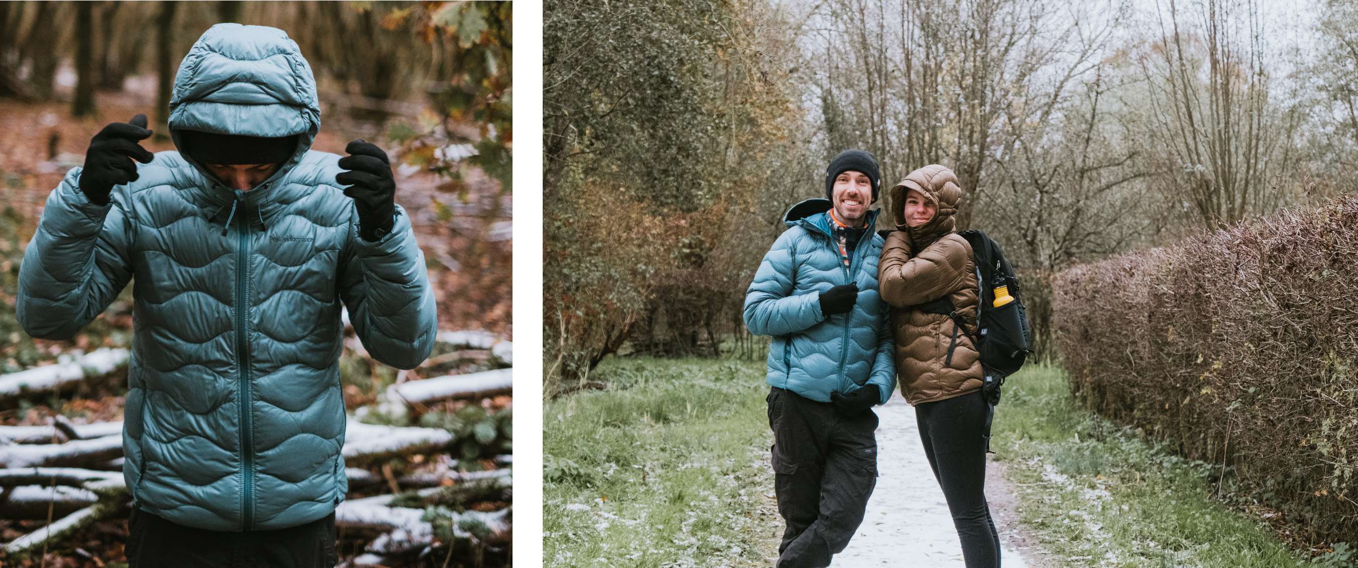 Twee beelden: persoon draagt blauwe donsjas met capuchon in bos; twee personen in donsjas staan op besneeuwd bospad