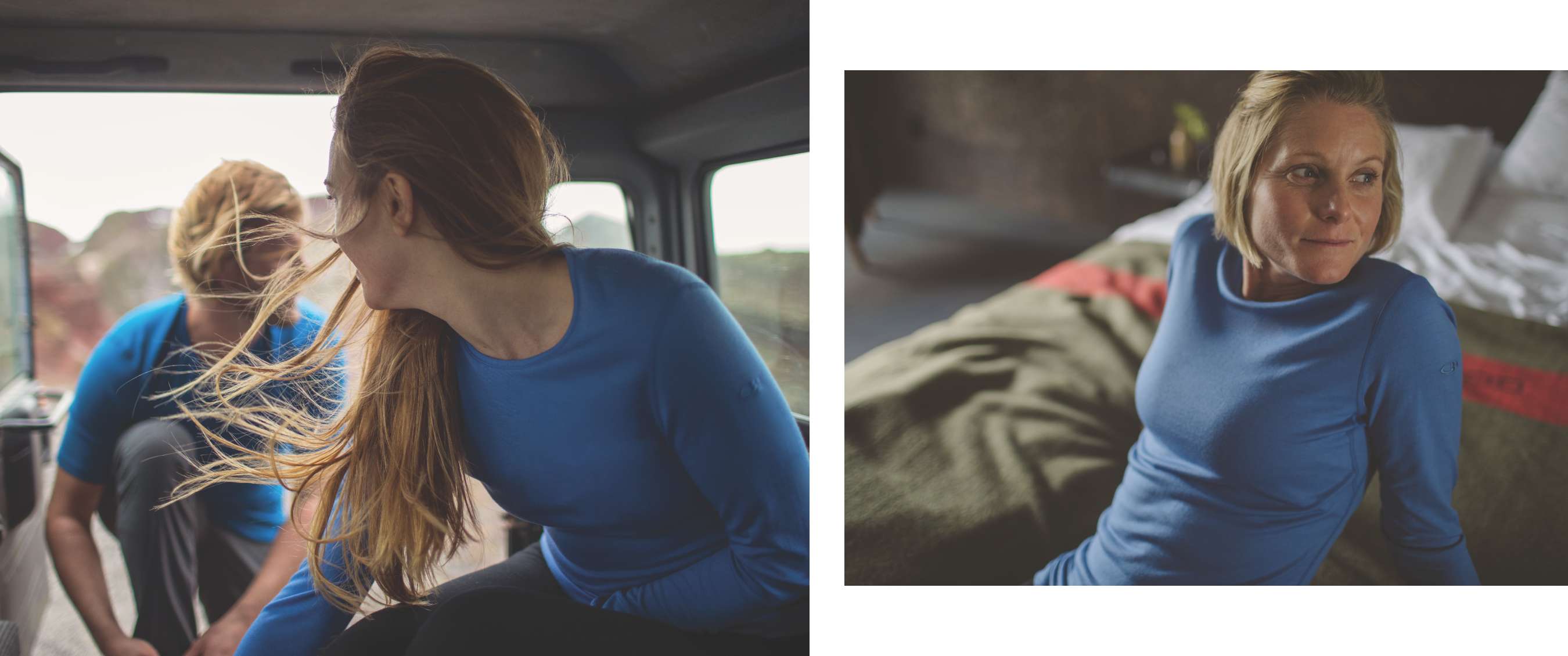 À gauche, Une femme aux longs cheveux dans le vent et vêtue de sous-vêtements thermiques bleus est assise dans un van et regarde derrière elle un homme blond qui lace ses chaussures à l’arrière-plan. À droite, Une femme aux cheveux blonds courts et vêtue d’un t-shirt thermique bleu s’appuie sur un lit fait. 