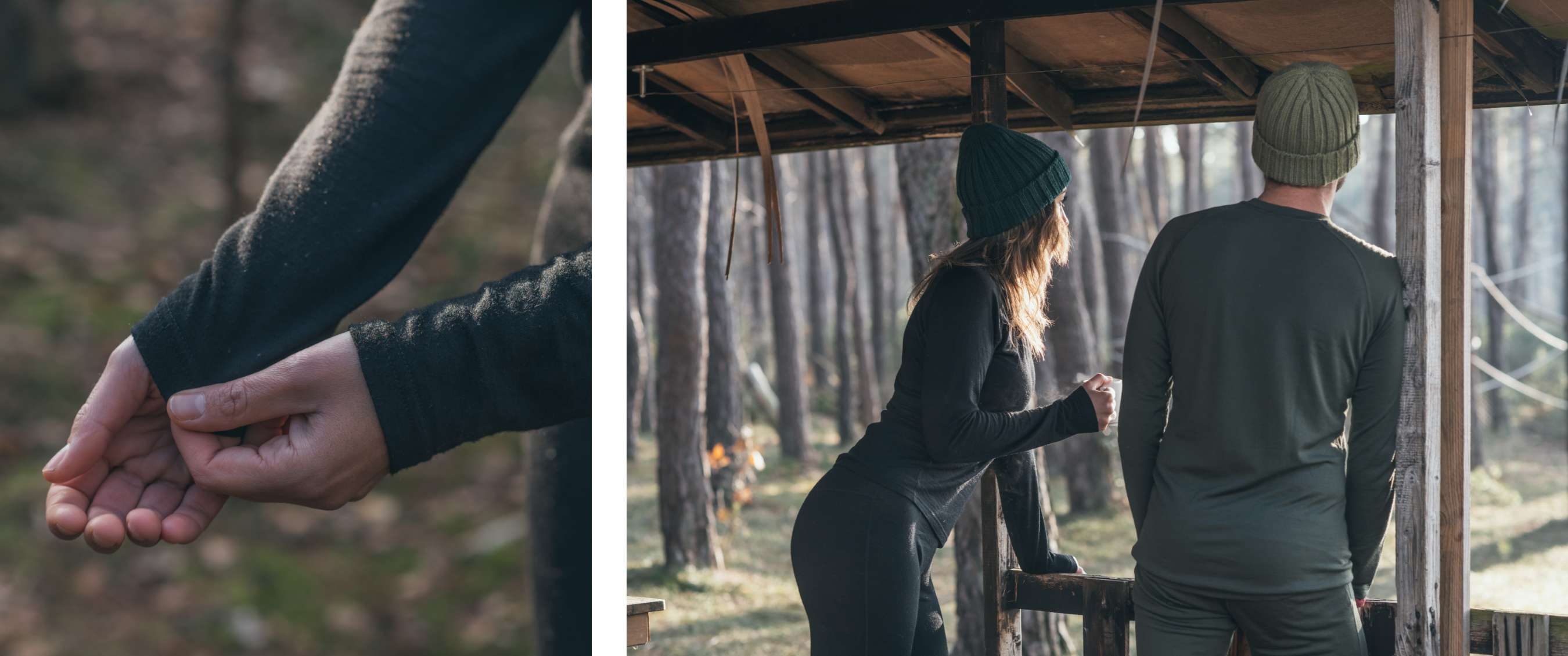 À gauche, Une main tire la manche longue d’un sous-vêtement thermique en laine mérinos gris foncé de son autre bras. À droite Un homme et une femme en sous-vêtements thermiques noirs et portant un bonnet en laine regardent la forêt en arrière-plan depuis un porche. 