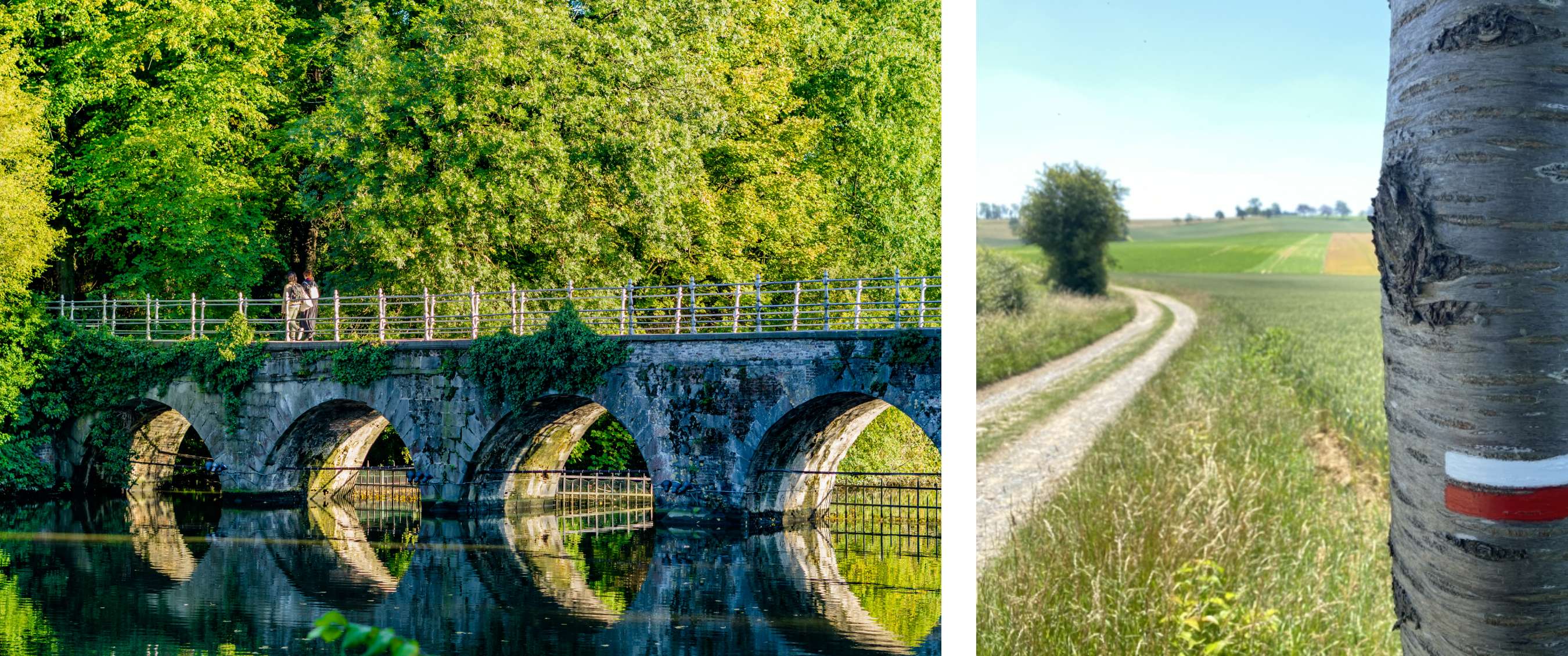 Deux images : pont en pierre à arches au-dessus d’une eau calme avec des promeneurs et une végétation dense, et chemin rural non pavé dans un paysage ouvert avec un arbre balisé.