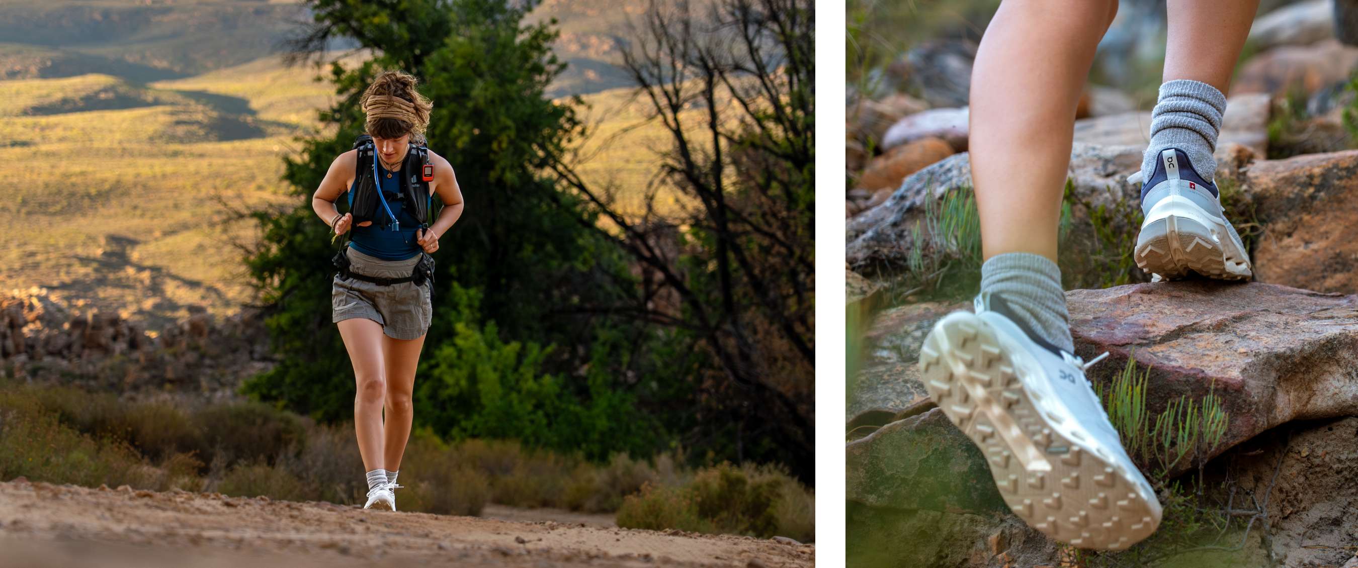 Deux images : randonneuse avec sac sur un sentier de montagne ; gros plan sur des chaussures à semelle crantée sur rochers.