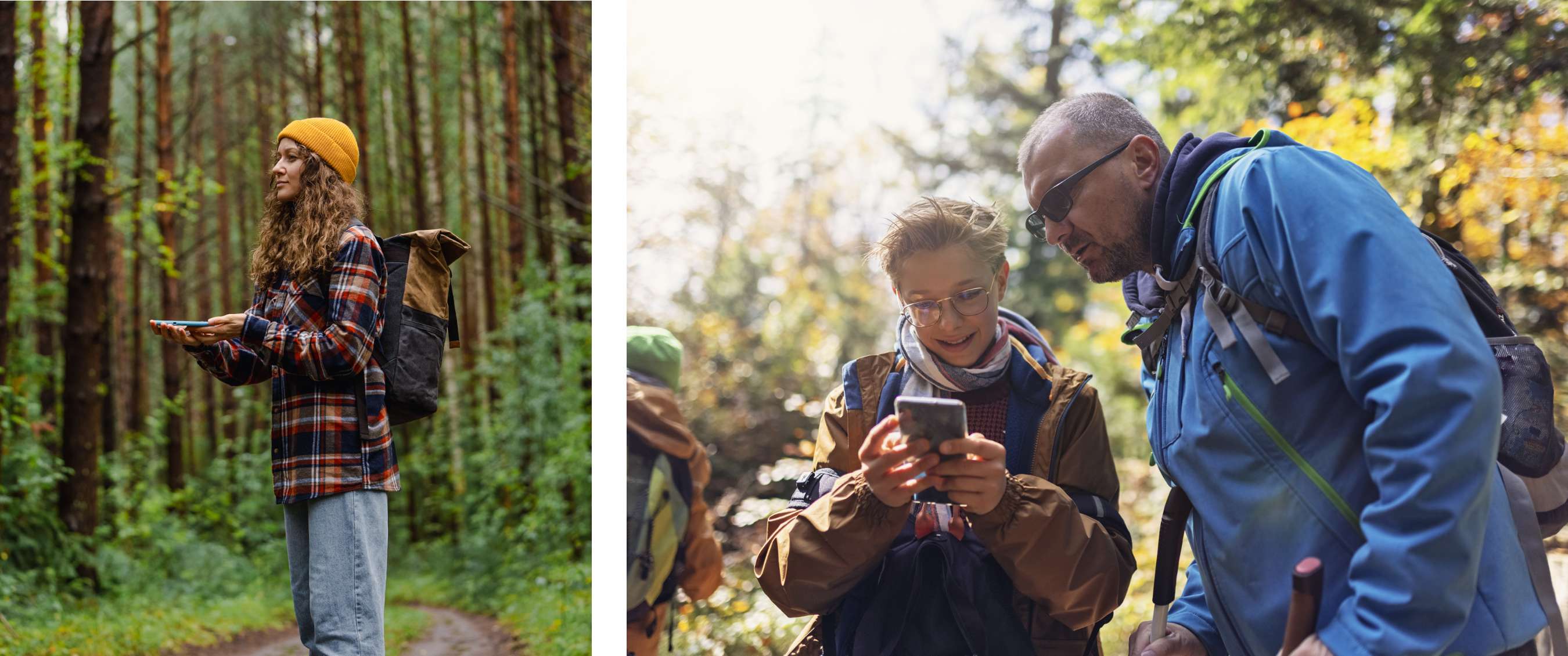 Deux images : randonneur avec sac à dos utilisant un smartphone sur un sentier forestier et groupe regardant un smartphone