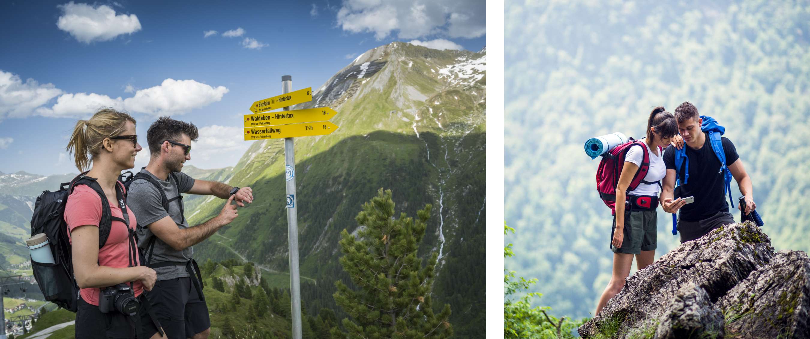 Deux images : deux randonneurs consultant une montre près d’une signalisation et deux personnes utilisant un smartphone en montagne