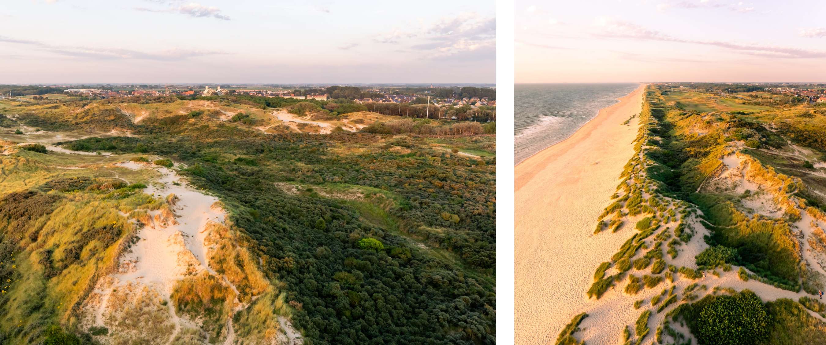 Deux images : vue aérienne de dunes avec végétation ; longue plage de sable le long de la mer.