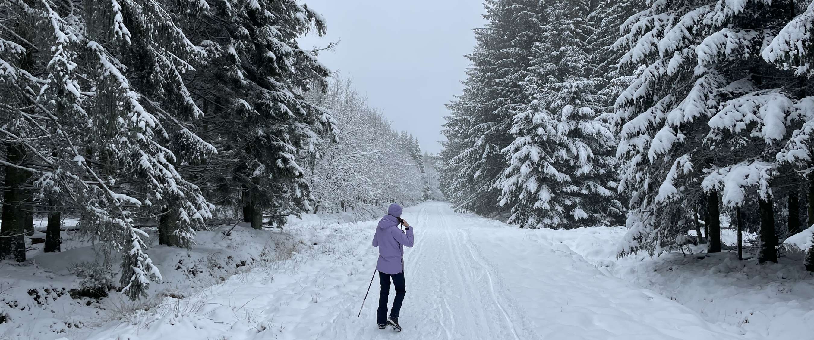 Marcheur en vêtements d’hiver sur une route forestière enneigée