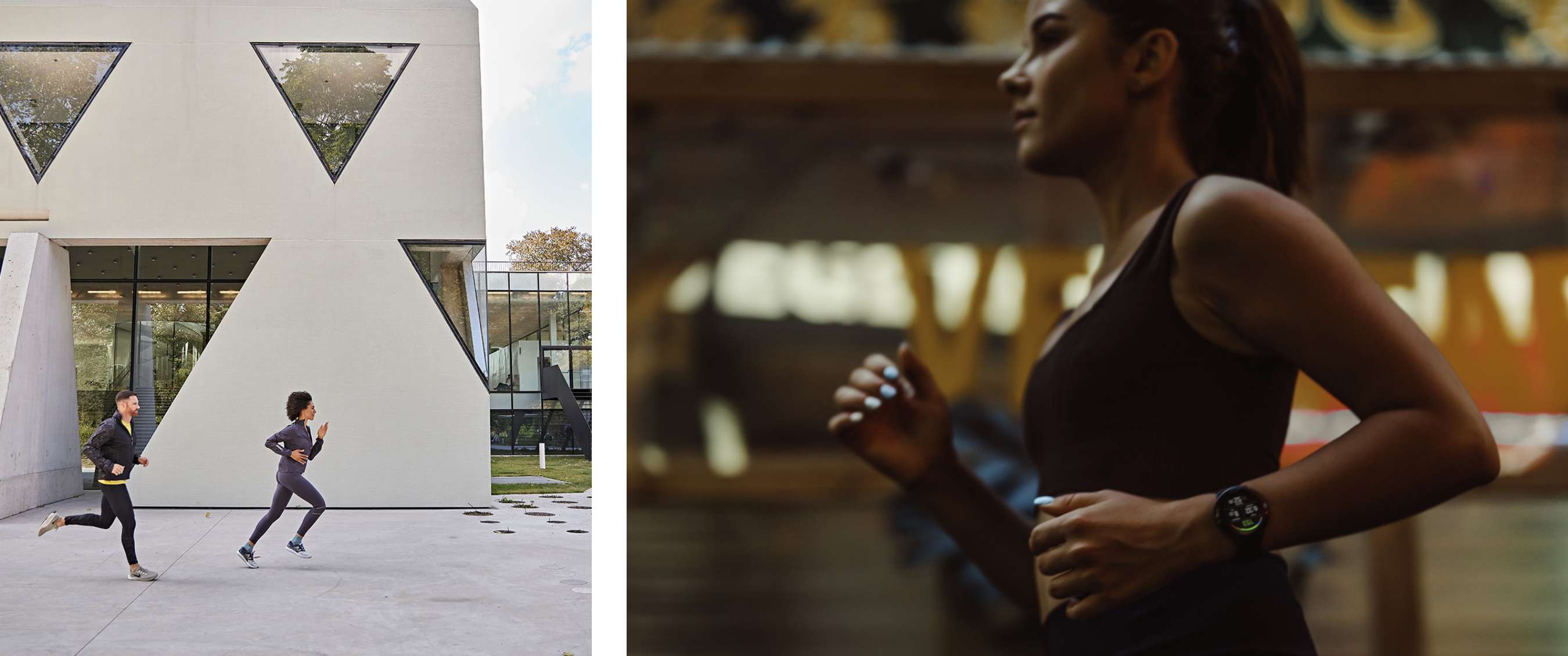 Twee beelden: Twee personen joggen langs een modern gebouw met driehoekige ramen; close-up van een hardlopende persoon met sporthorloge in een stedelijke omgeving.