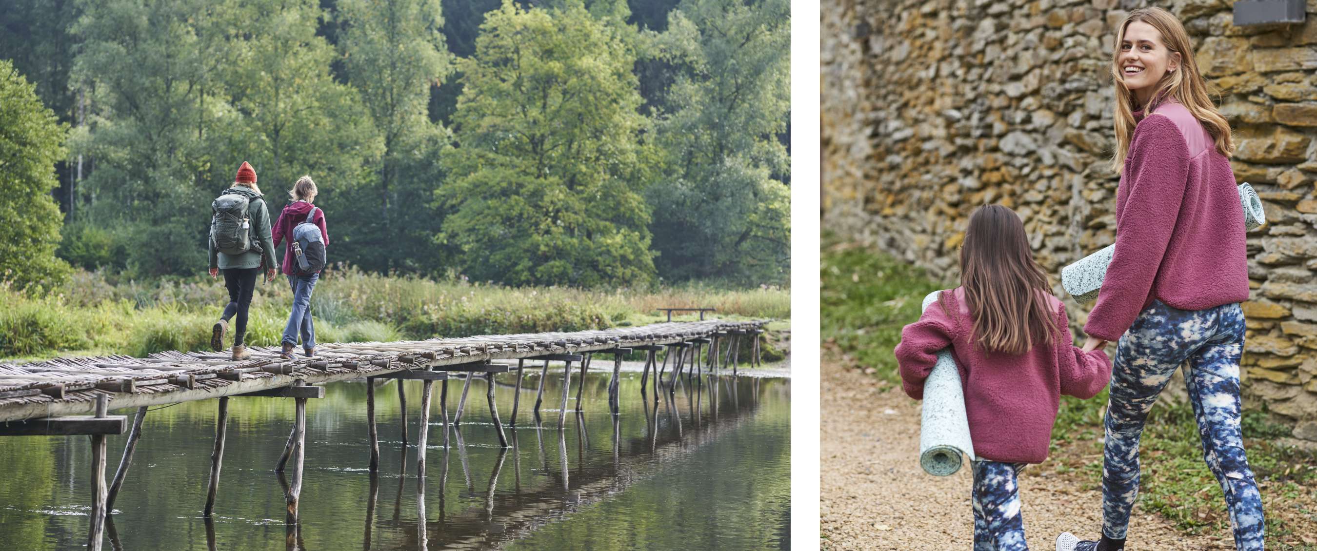 Twee beelden: Twee personen wandelen met rugzakken over een houten brug in een groene natuuromgeving; volwassene en kind lopen hand in hand met yogamatten langs een stenen muur.