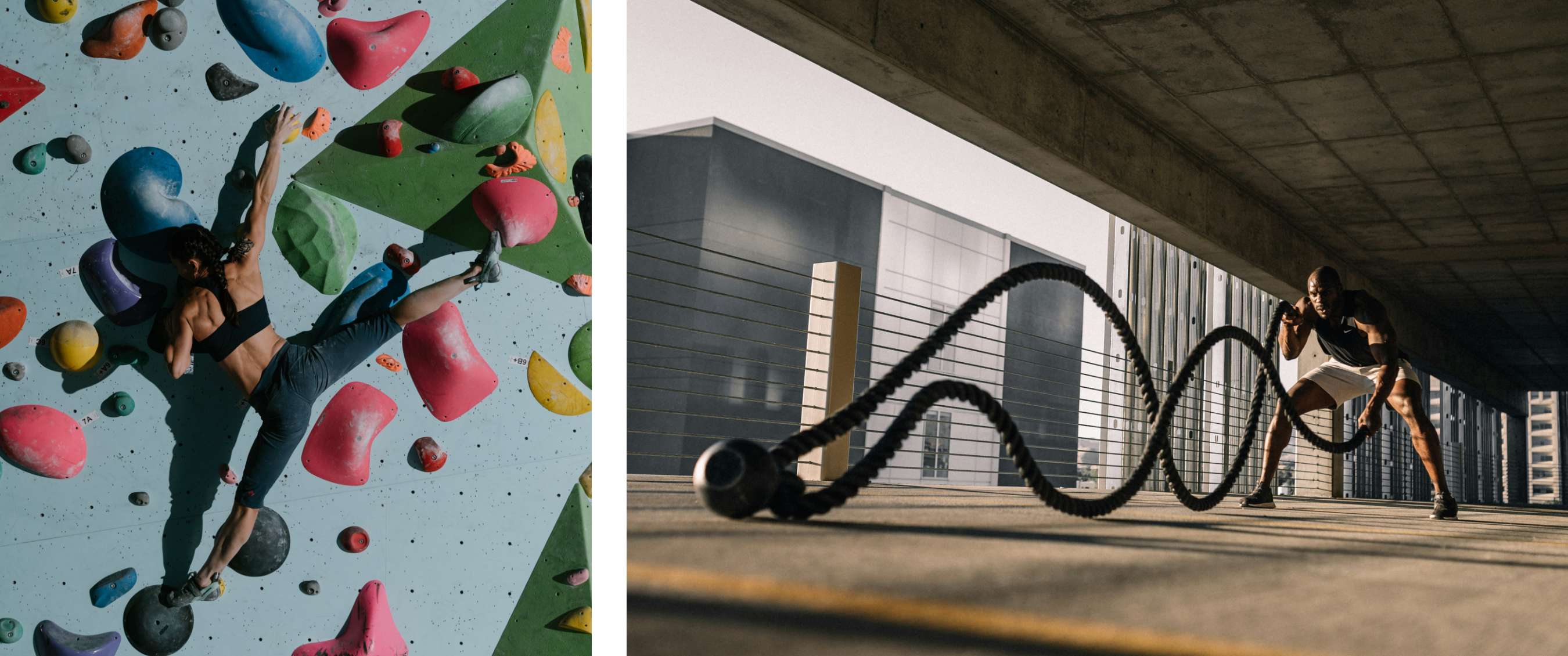 Twee beelden: Persoon klimt indoor tegen een klimwand met kleurrijke grepen; persoon traint buiten met battle ropes onder een betonnen overkapping.
