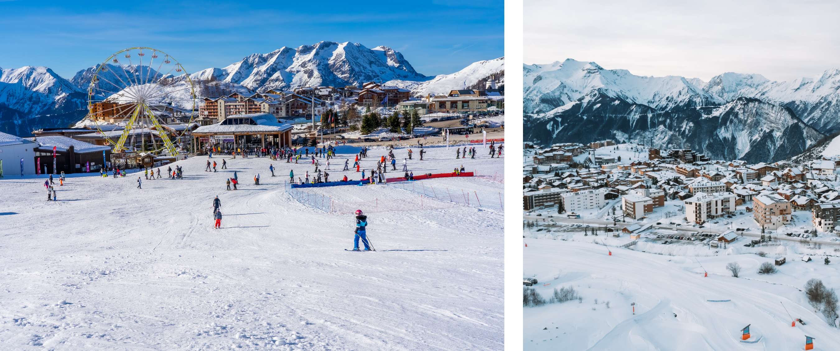 Twee beelden: Een druk skipark met skiërs voor bergdorp en reuzenrad – Een sneeuwrijk bergdorp in vallei met hoge pieken.