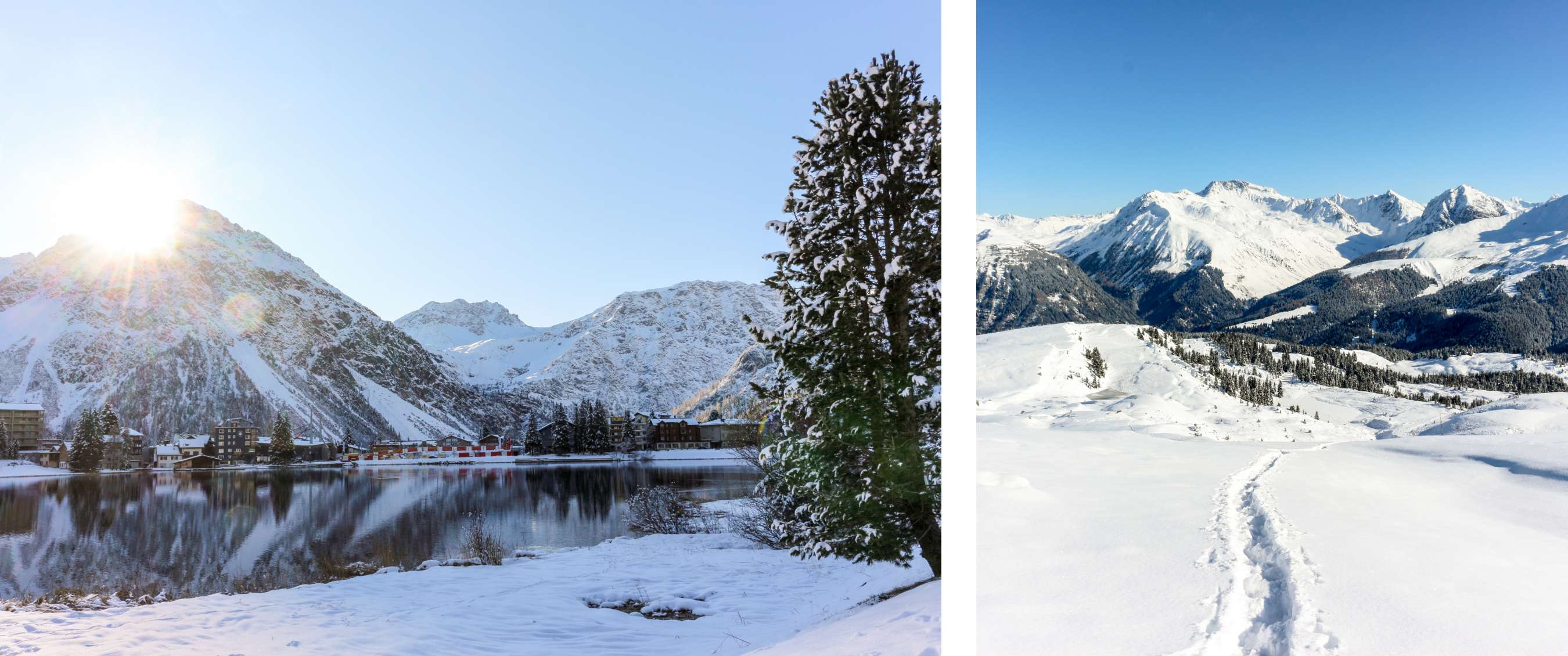 Twee beelden: Besneeuwde bergen met zon boven meer – Uitzicht op bergketen met sneeuw en wandelsporen.