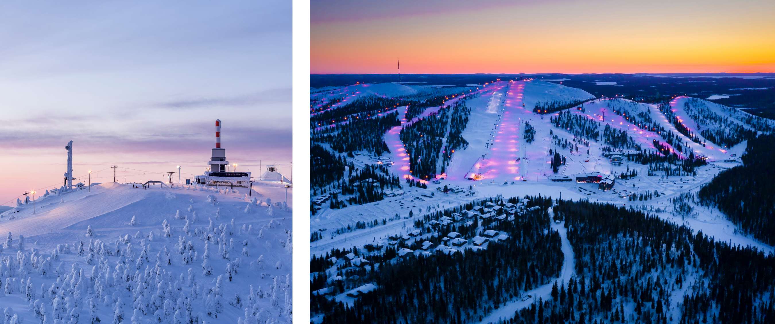 Twee beelden: Sneeuwhoge bergtop met masten bij zachte avondlucht – Verlichte skipistes in berggebied bij zonsondergang.
