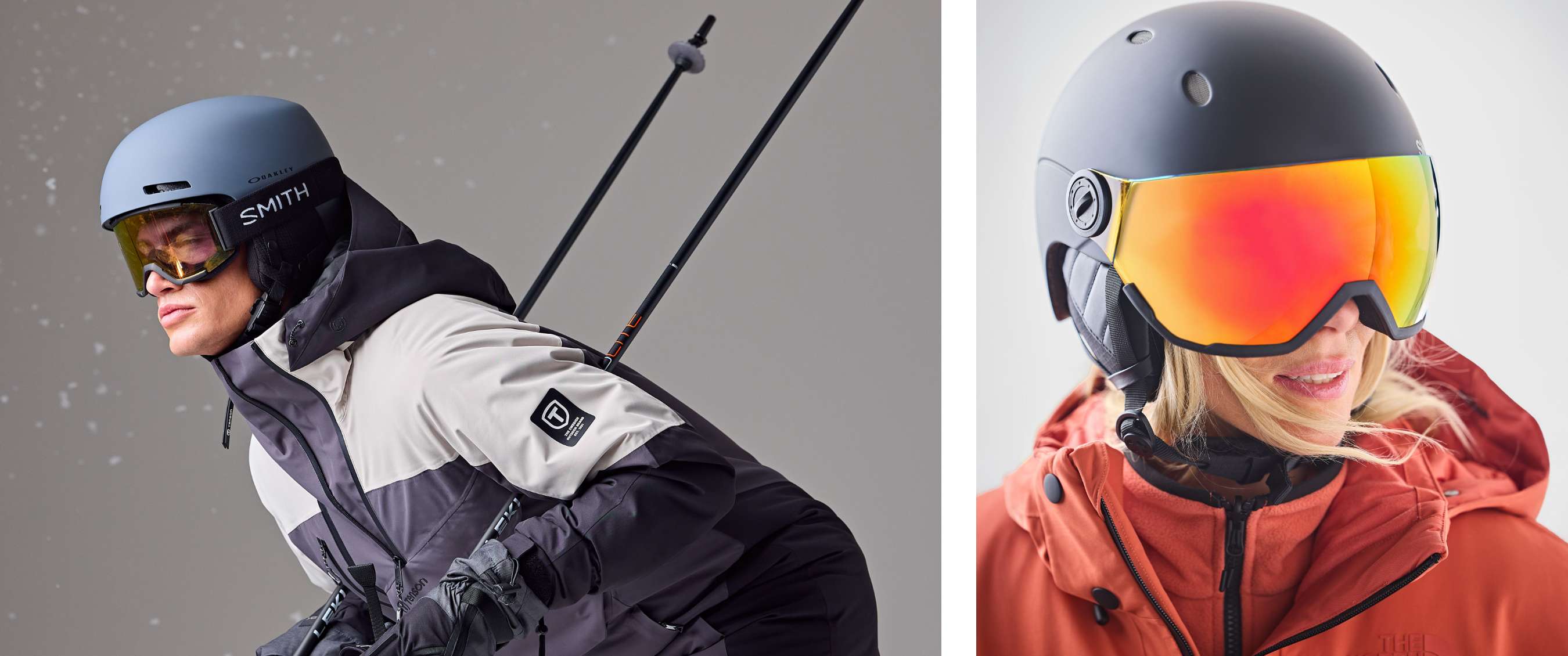 Deux images : skieur avec casque et lunettes en position de descente ; femme portant un casque de ski avec masque miroir orange sur fond blanc.