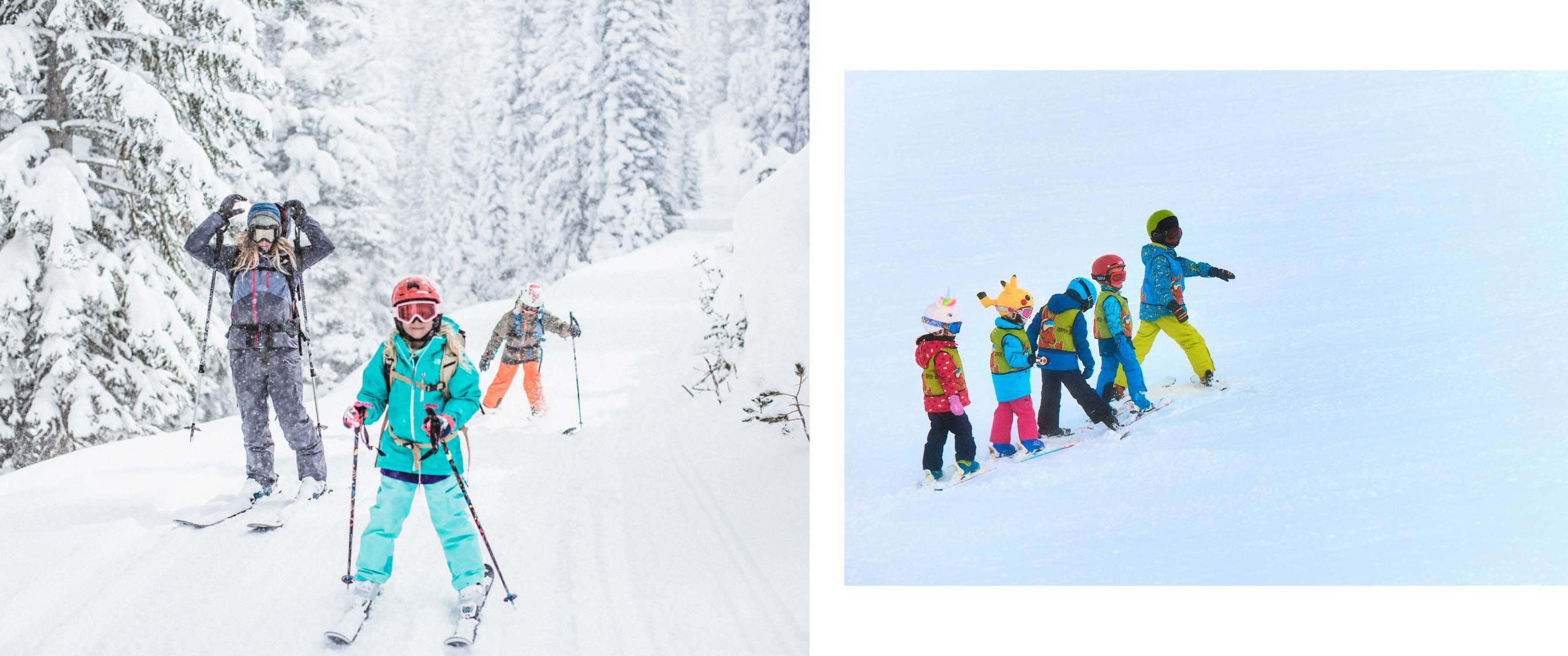 image 1 : Une personne et deux enfants avec des équipements de ski sur un chemin enneigé, entouré d'arbres enneigés. image 2 : Une rangée de quatre enfants, vêtus de tenues de ski colorées, qui suivent un instructeur sur une pente enneigée.