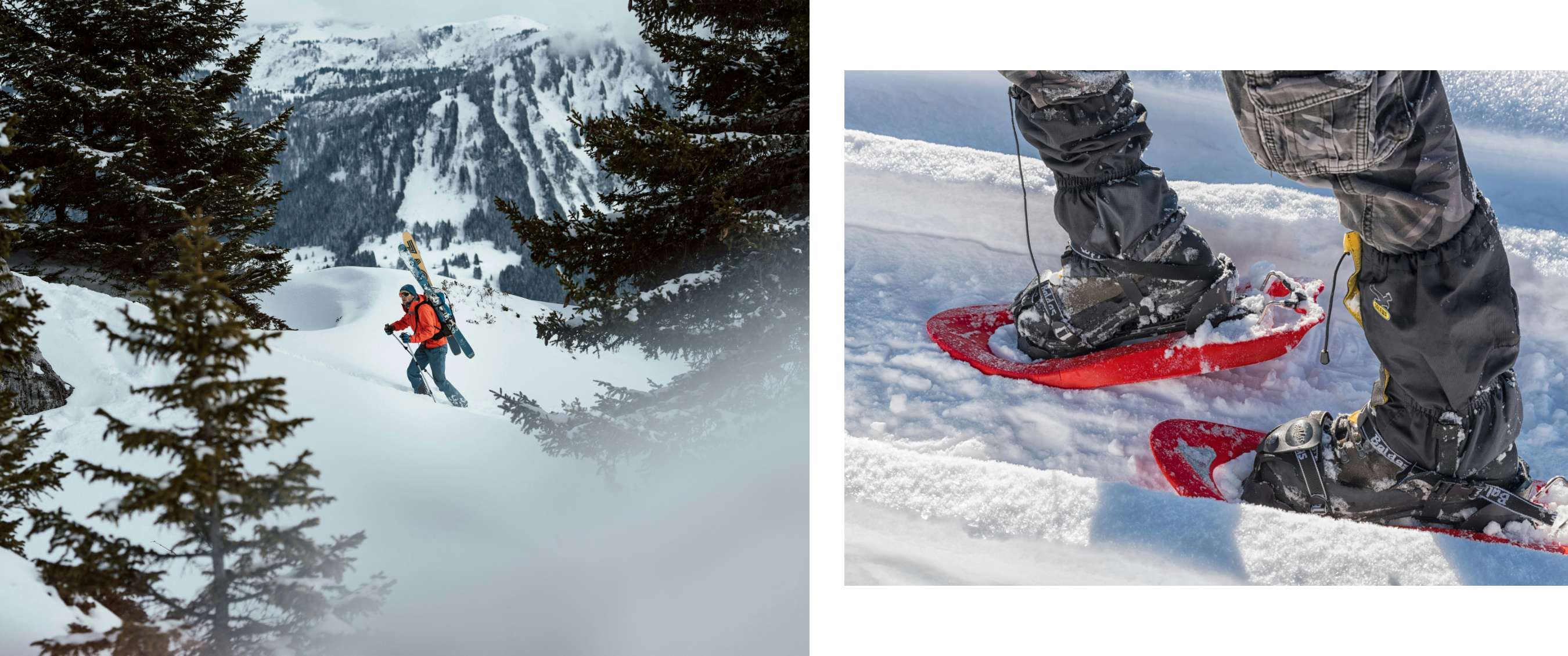 Beeld links <Close-up van schoenen met rode sneeuwschoenen die door verse sneeuw stappen.>