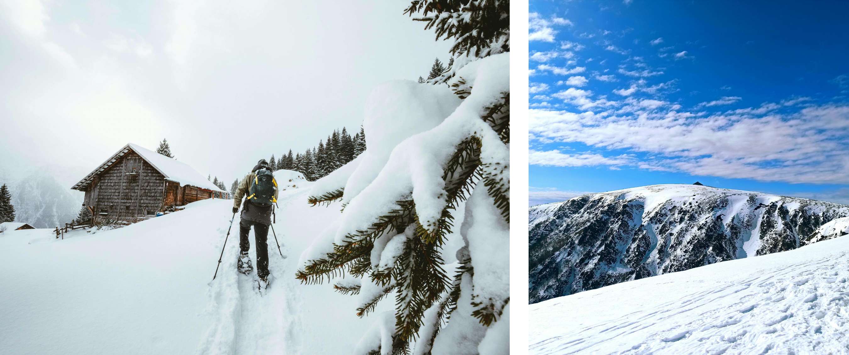 Beeld links <Sneeuwschoenwandelaar nadert een houten berghut in een besneeuwd berglandschap.> Beeld rechts <Besneeuwde bergkam in de Vogezen onder een blauwe lucht met wolken, met zicht op een rotsachtige helling en zacht glooiend sneeuwveld.>