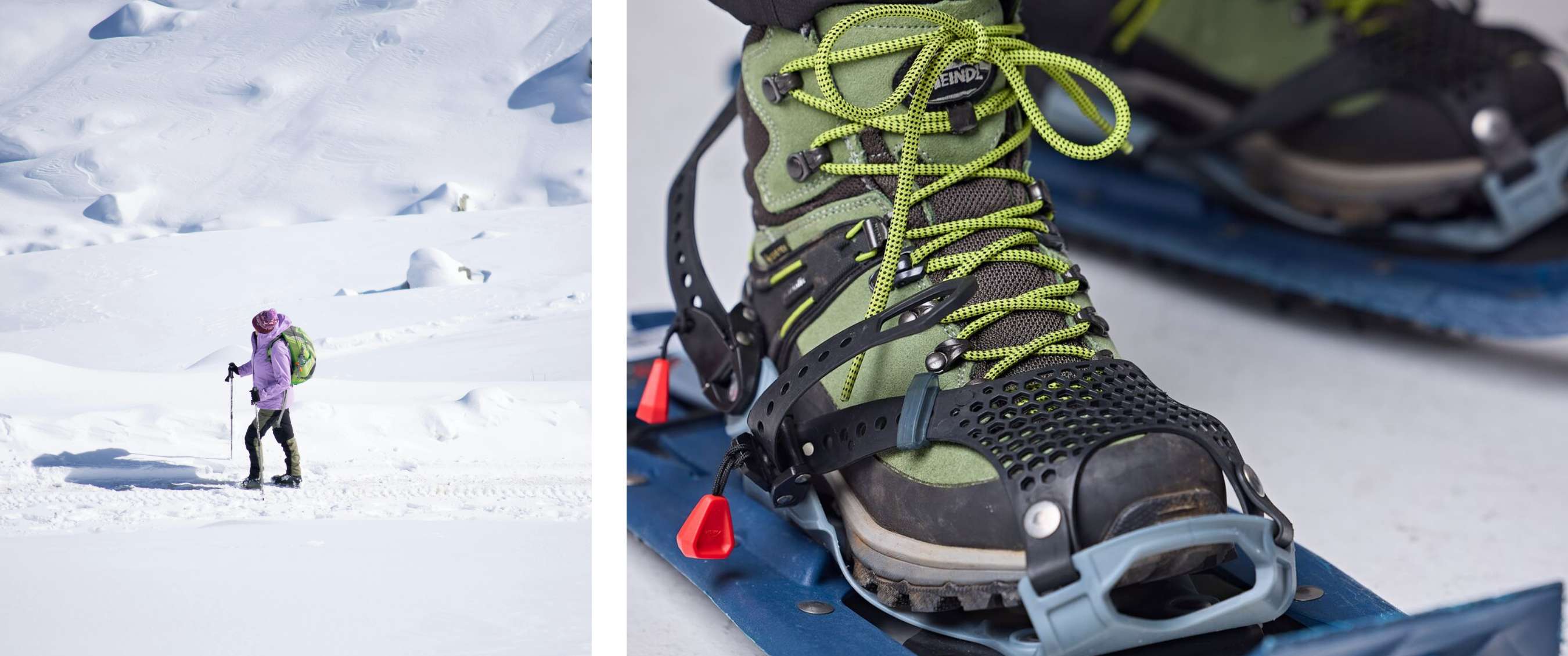 Beeld links <Wandelaar in paarse jas met groene rugzak loopt alleen door een open sneeuwlandschap.> Beeld rechts <Close-up van wandelschoen bevestigd in sneeuwschoen in een fotostudio.>