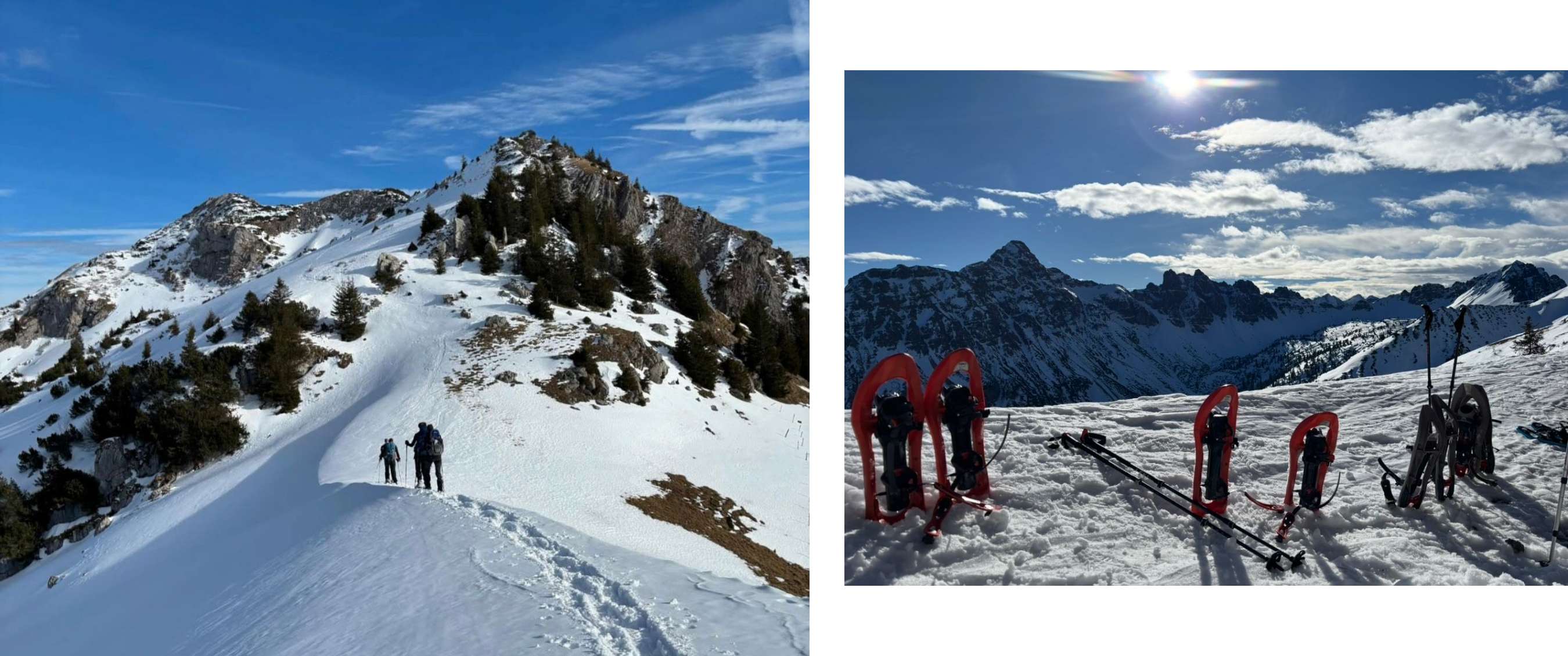 Beeld links <Groep wandelaars met rugzakken volgt een besneeuwd pad langs een bevroren meer en besneeuwde dennenbomen.> Beeld rechts <Rijen sneeuwschoenen en wandelstokken liggen op een besneeuwde bergtop met uitzicht op een bergketen onder de winterzon.>