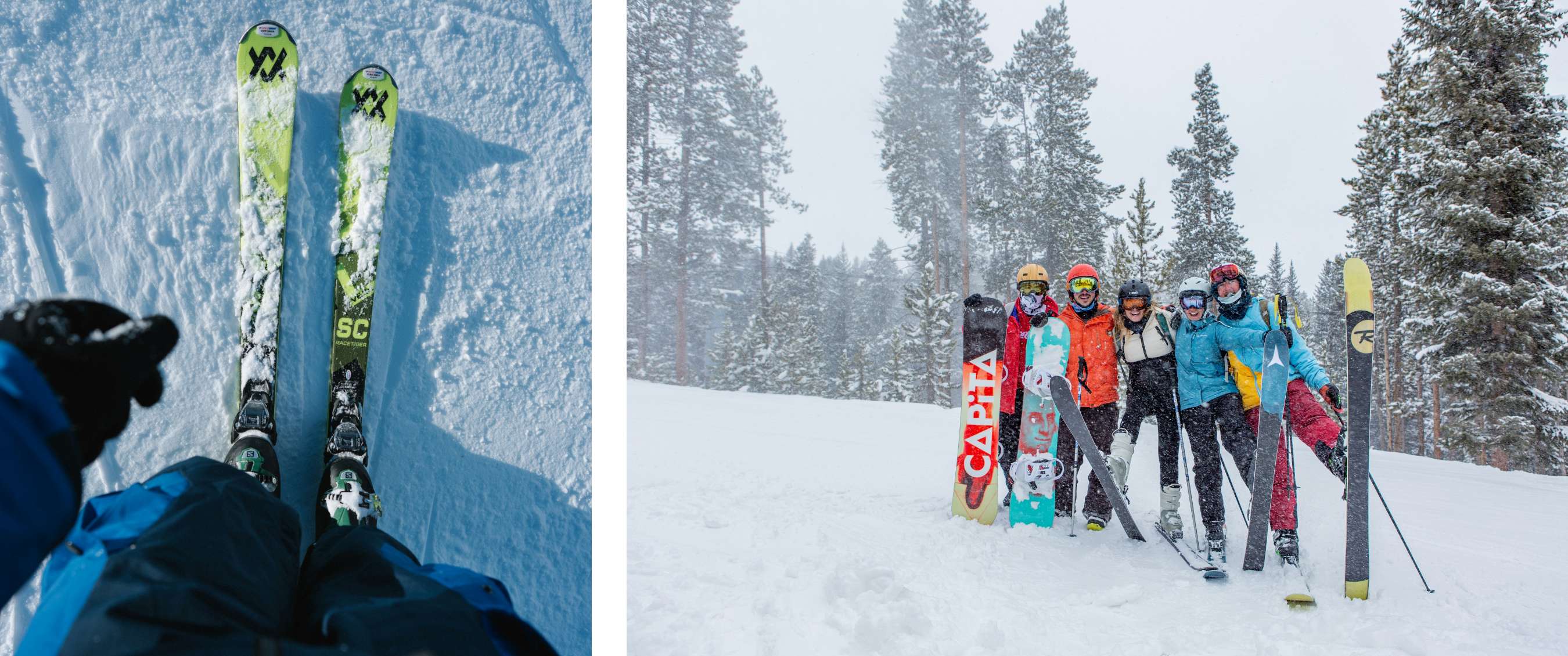 Twee beelden: Bekijk van boven op ski’s in verse sneeuw; groep wintersporters met ski’s en snowboards poseert in besneeuwd bos.